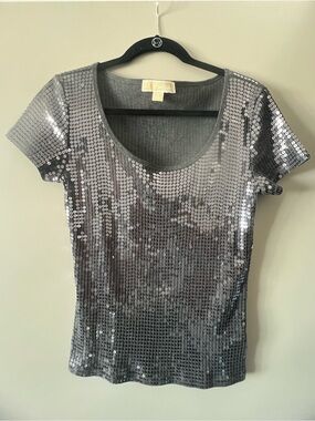 MICHAEL Michael Kors Silver Sequin Short-Sleeve Scoop Neck Top